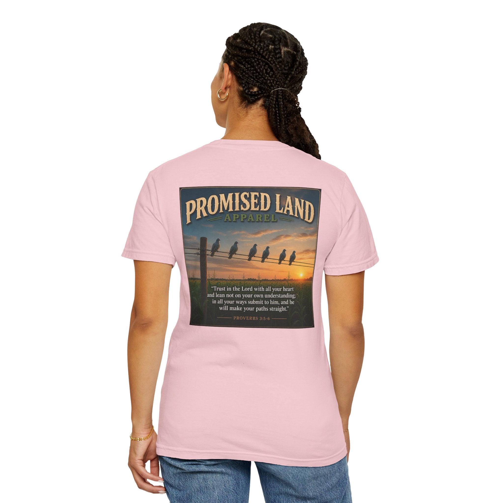 Promised Land T-Shirt — Faith-Inspired Sunset Graphic Tee (Proverbs 3:5)