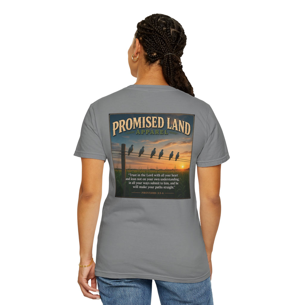 Promised Land T-Shirt — Faith-Inspired Sunset Graphic Tee (Proverbs 3:5)