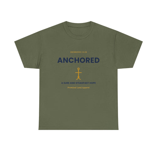 Anchored Tee — 'Anchored' Scripture Graphic Cotton T‑Shirt (Hebrews 6:19)