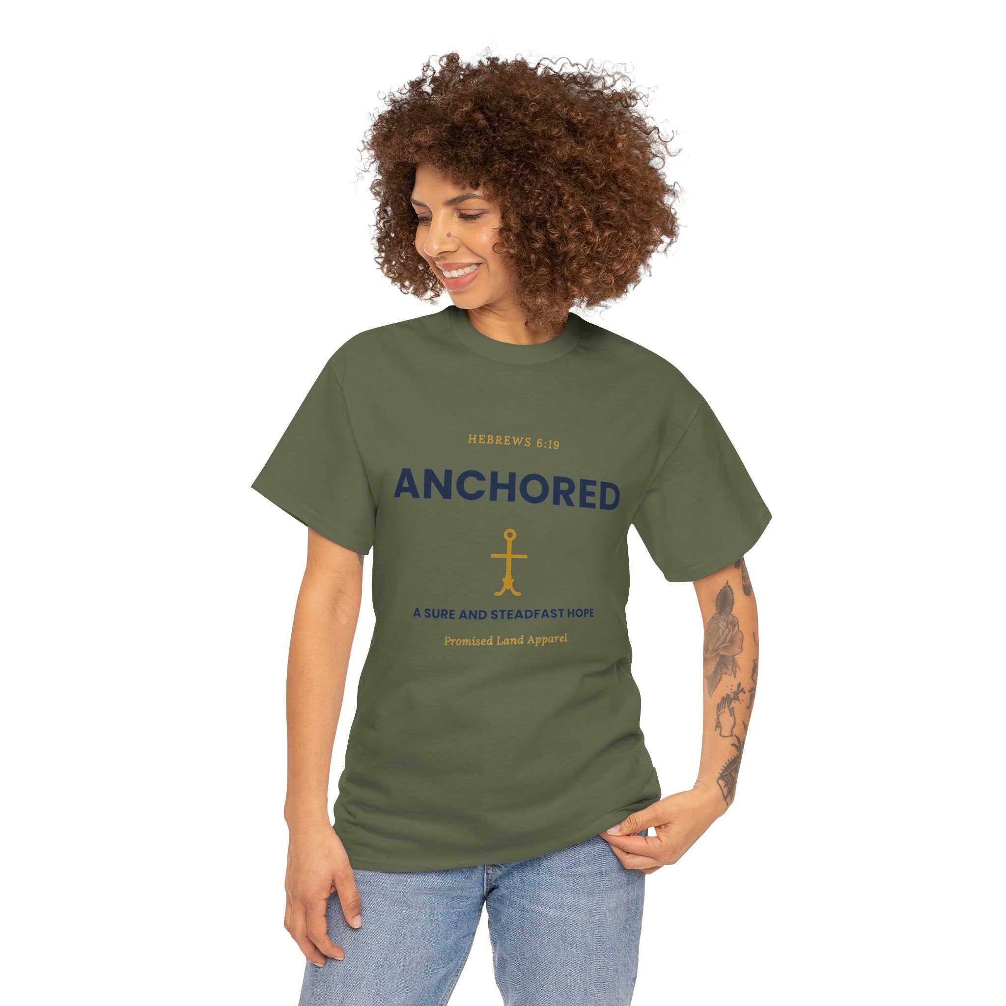 Anchored Tee — 'Anchored' Scripture Graphic Cotton T‑Shirt (Hebrews 6:19)