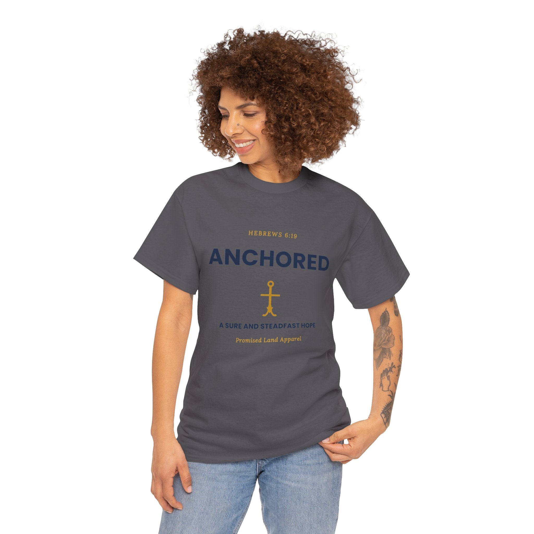 Anchored Tee — 'Anchored' Scripture Graphic Cotton T‑Shirt (Hebrews 6:19)